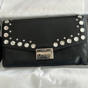 PRADA black patent leather crystal studded Nero saffiano wallet